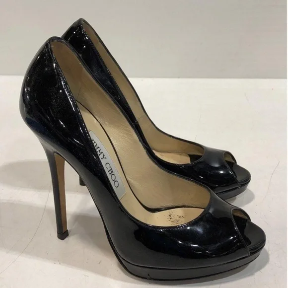 Women’s Jimmy Choo Black Patent Peep-Toe Platform Pumps Heels Size 36